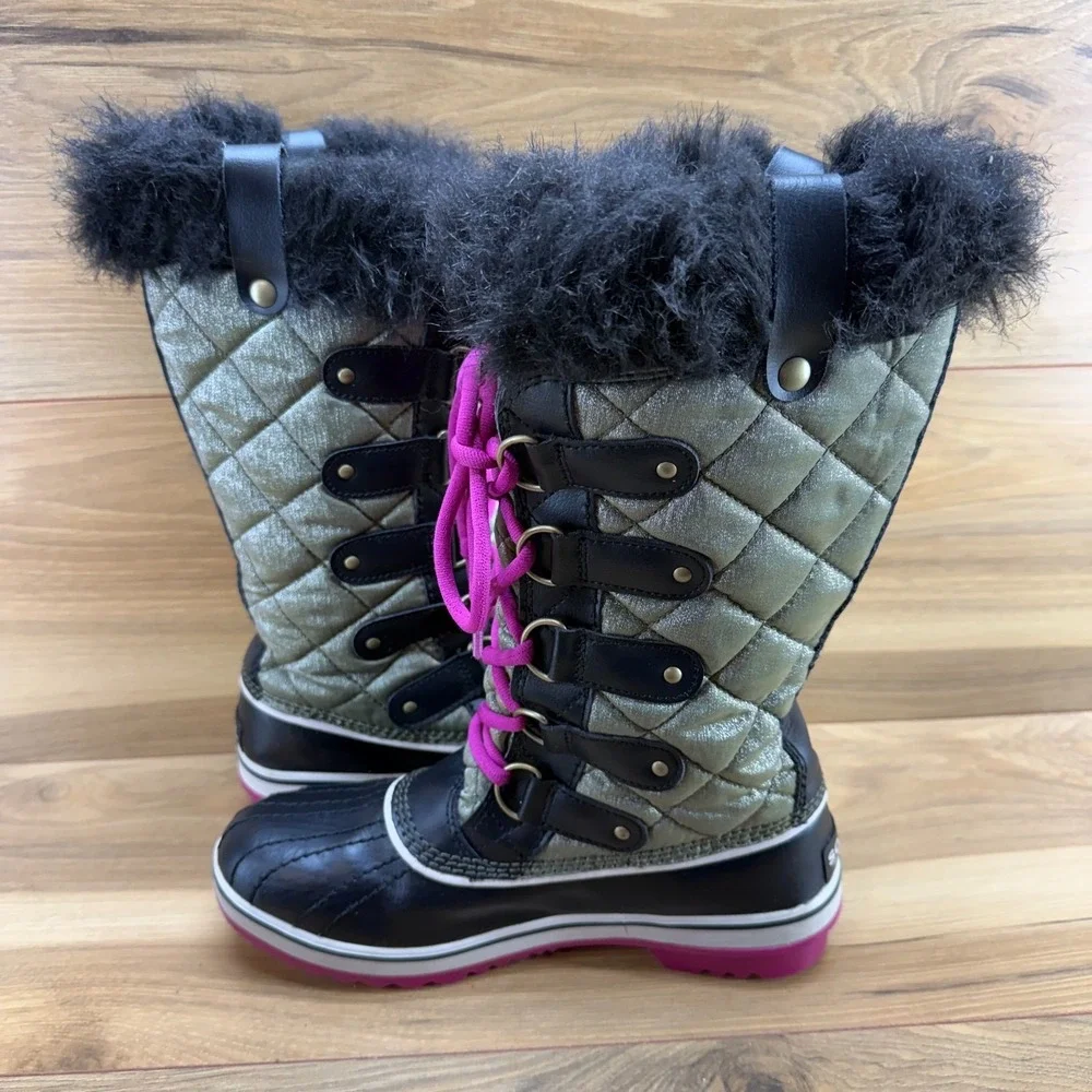 Sorel Tofino Nori Blush Snow‎ Boots Womens 7 Black Waterproof Faux Fur Tall